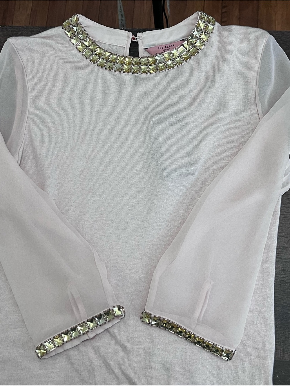 Ted Baker Embelished Neckline Light Punk Sheer-Sleeve Sweater size 1 Nwt - Picture 8 of 12